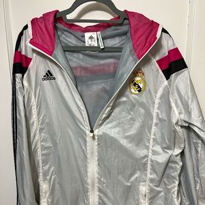 Rare Adidas Real Madrid Anthem Woven Nylon Jacket White Pink Neon with hood.